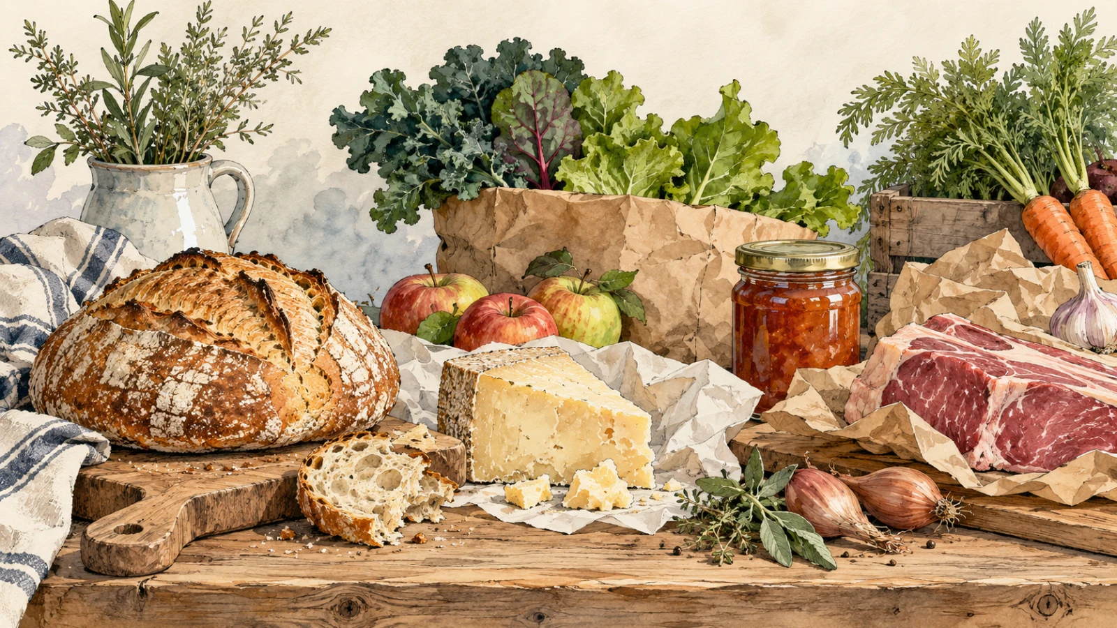 AI-generated illustration. Not a photograph of Bicester. Bread, cheese, apples, leafy greens and preserves represent independent food shops.