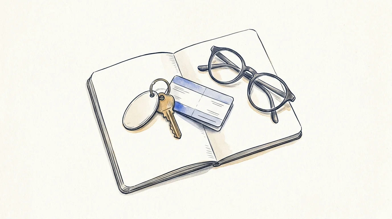 AI-generated illustration. Not a photograph of Bicester. Conceptual open notebook, house key on a keyring, commuter ticket card and reading glasses.