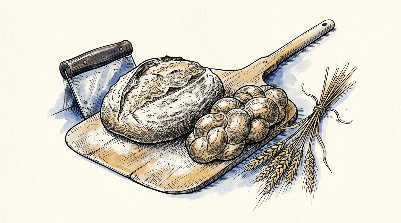 AI-generated illustration. Not a photograph of Bicester. Conceptual artisan sourdough bread loaf on wooden peel with dough scraper and wheat.