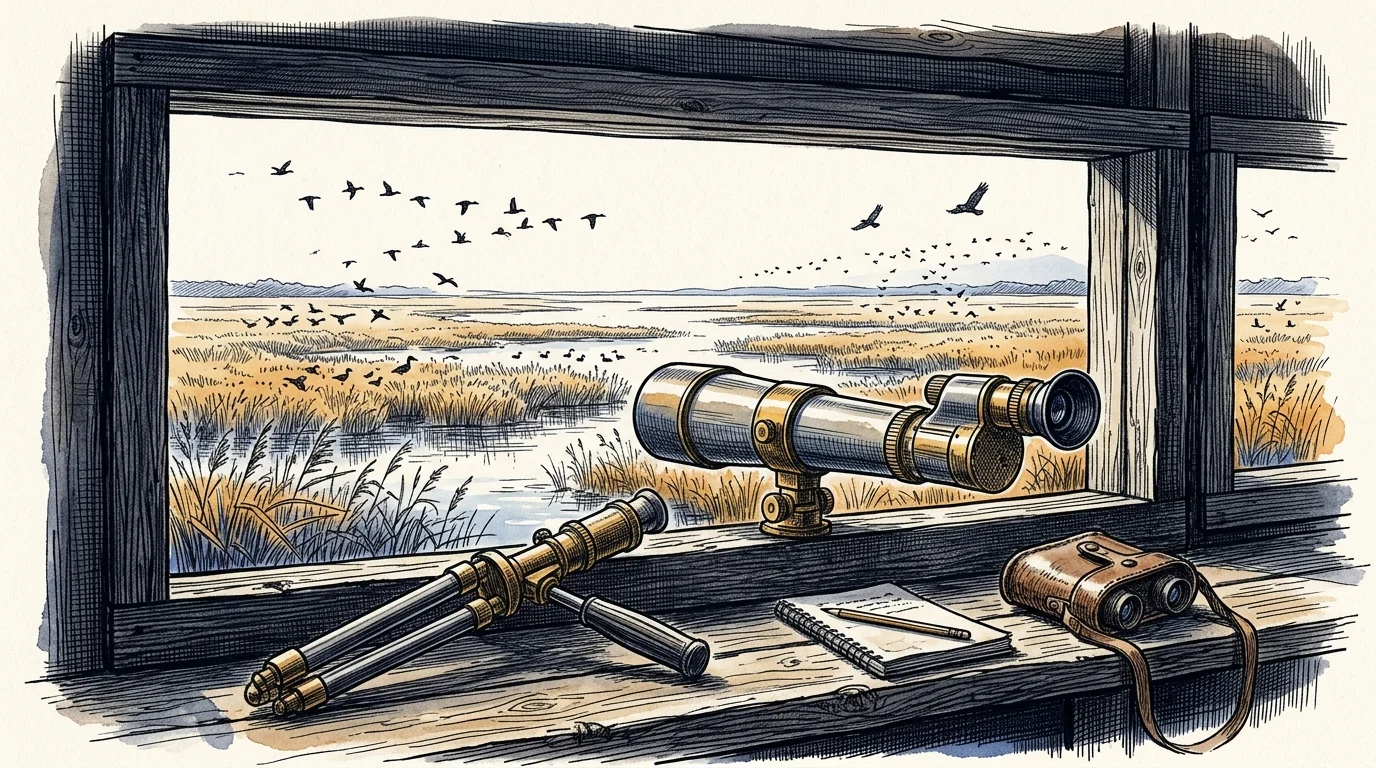 Editorial ink illustration of an observation hide window viewing wetland reedbeds and flying birds, with a spotting scope on the sill.