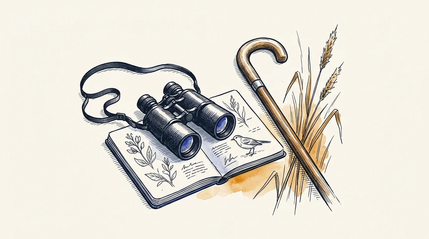 AI-generated illustration. Not a photograph of Bicester. Conceptual naturalist binoculars, field sketchbook, walking stick and wetland reeds.