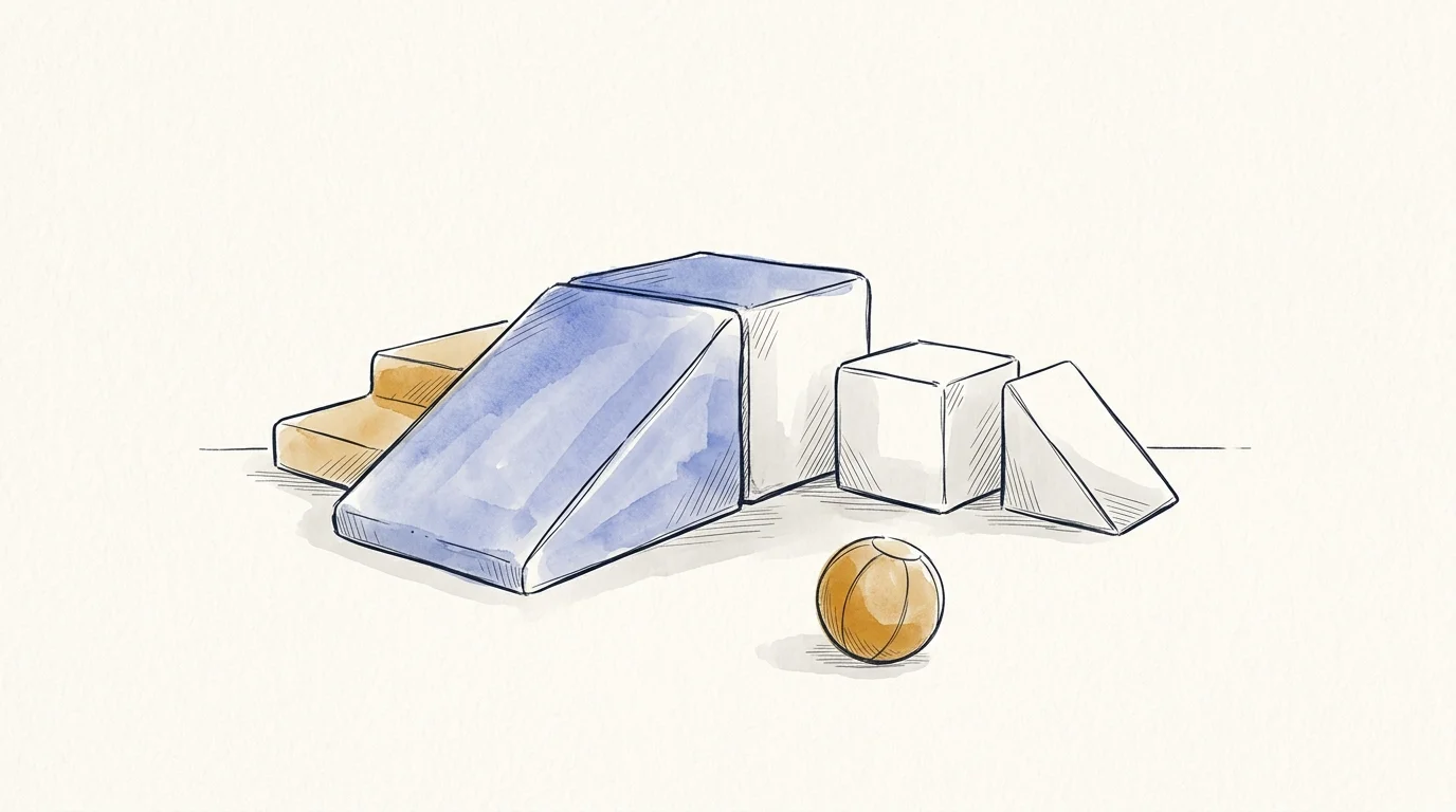 Editorial ink illustration of cushioned toddler soft play foam blocks, climbing ramp and sensory ball on warm paper.