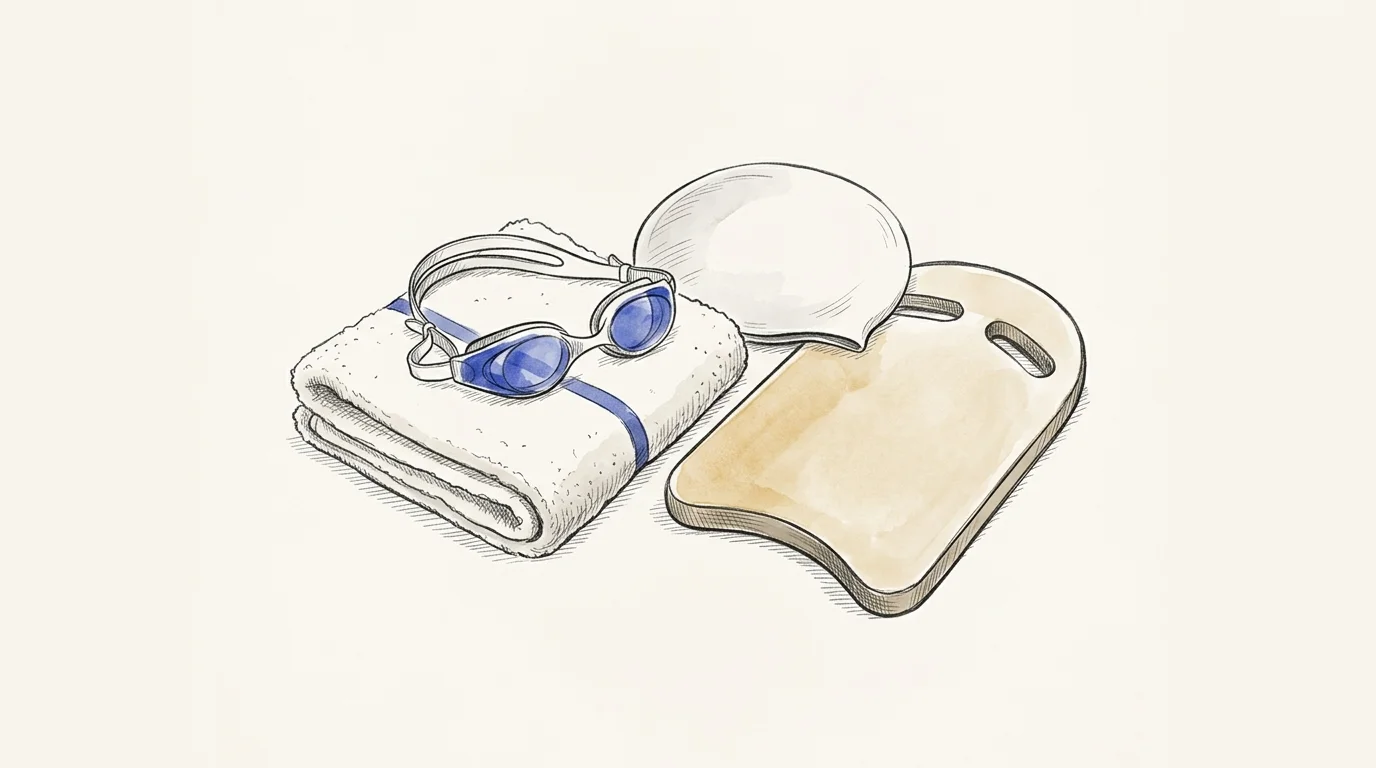 Editorial ink illustration of swimming gear with goggles, sports towel, swim cap and kickboard.