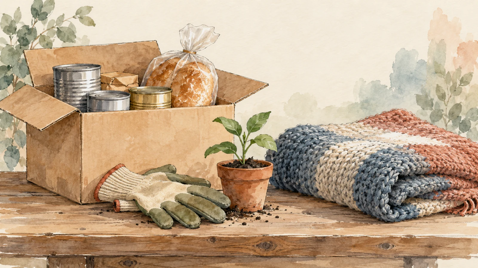 AI-generated illustration. Not a photograph of Bicester. A food parcel, gardening gloves, a seedling and a knitted blanket symbolise community volunteering.