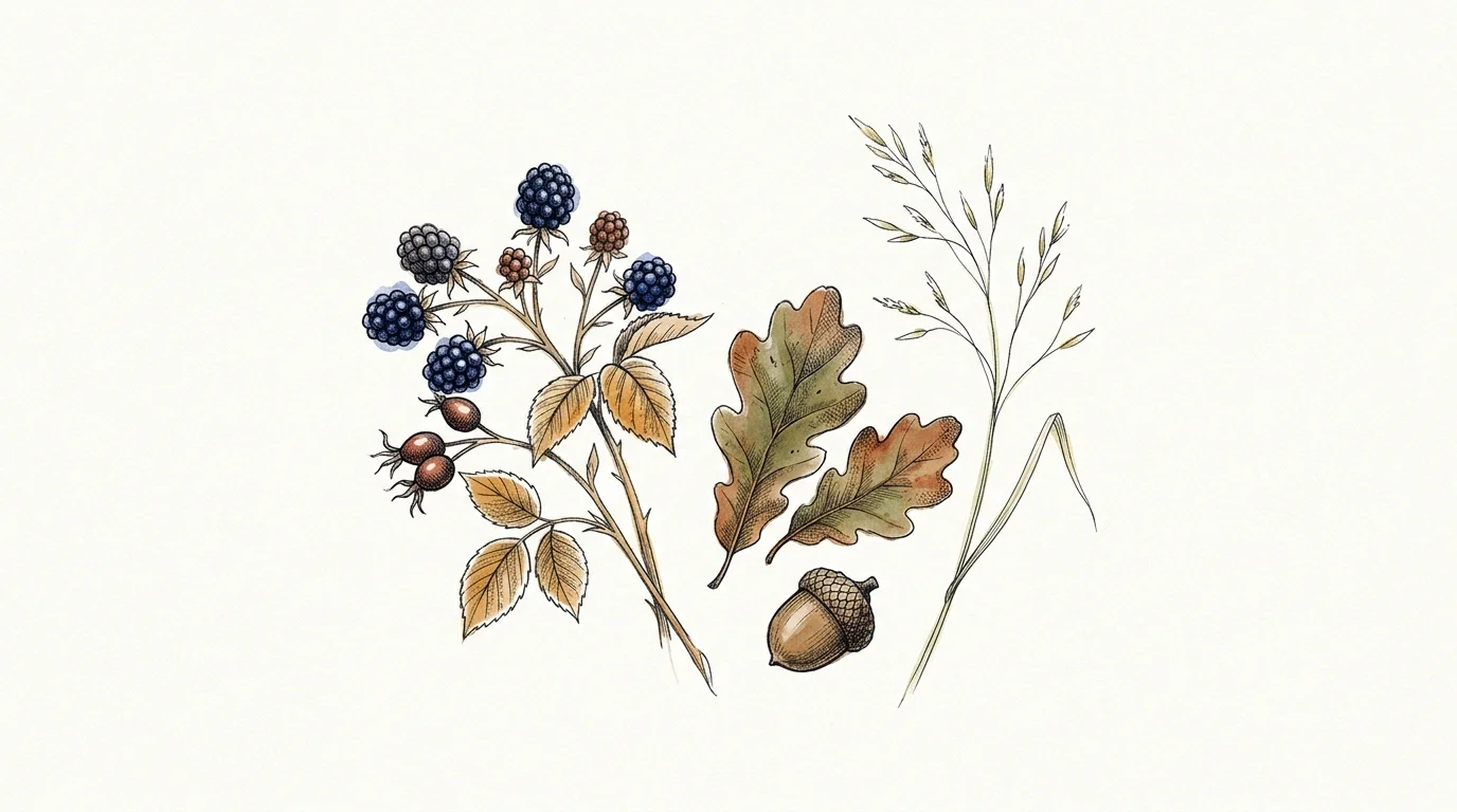 AI-generated illustration. Not a photograph of Bicester. Conceptual botanical sketch of wild hedgerow berries, oak leaves, an acorn and meadow grass.