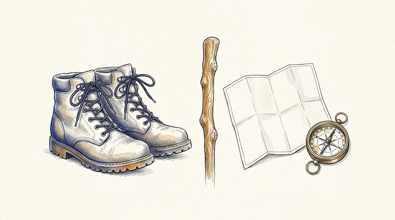 AI-generated illustration. Not a photograph of Bicester. Conceptual sturdy walking boots, carved wooden stick, paper trail map and brass compass.