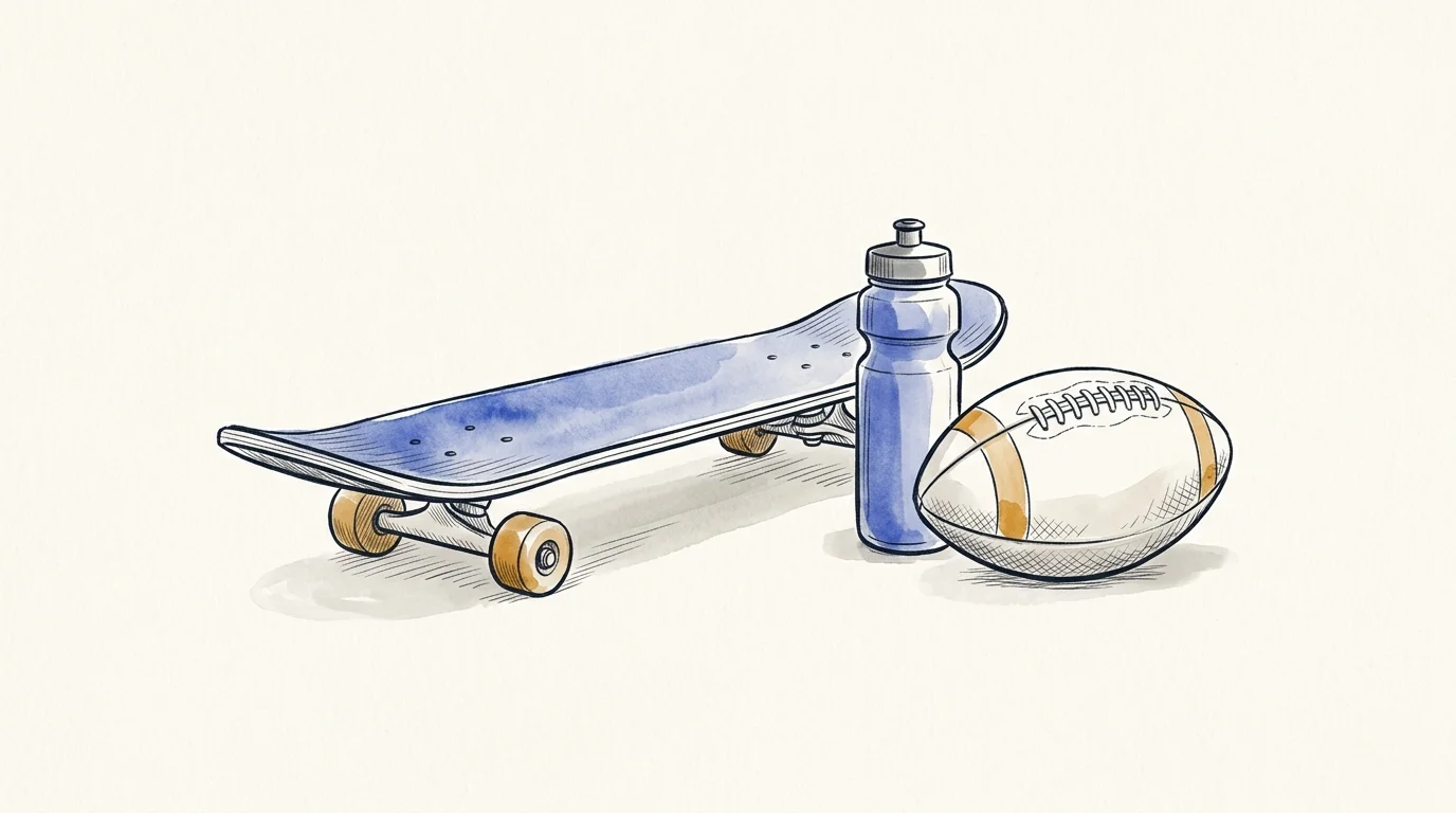 Editorial ink illustration of teen sports equipment with a skateboard, sports bottle and ball.
