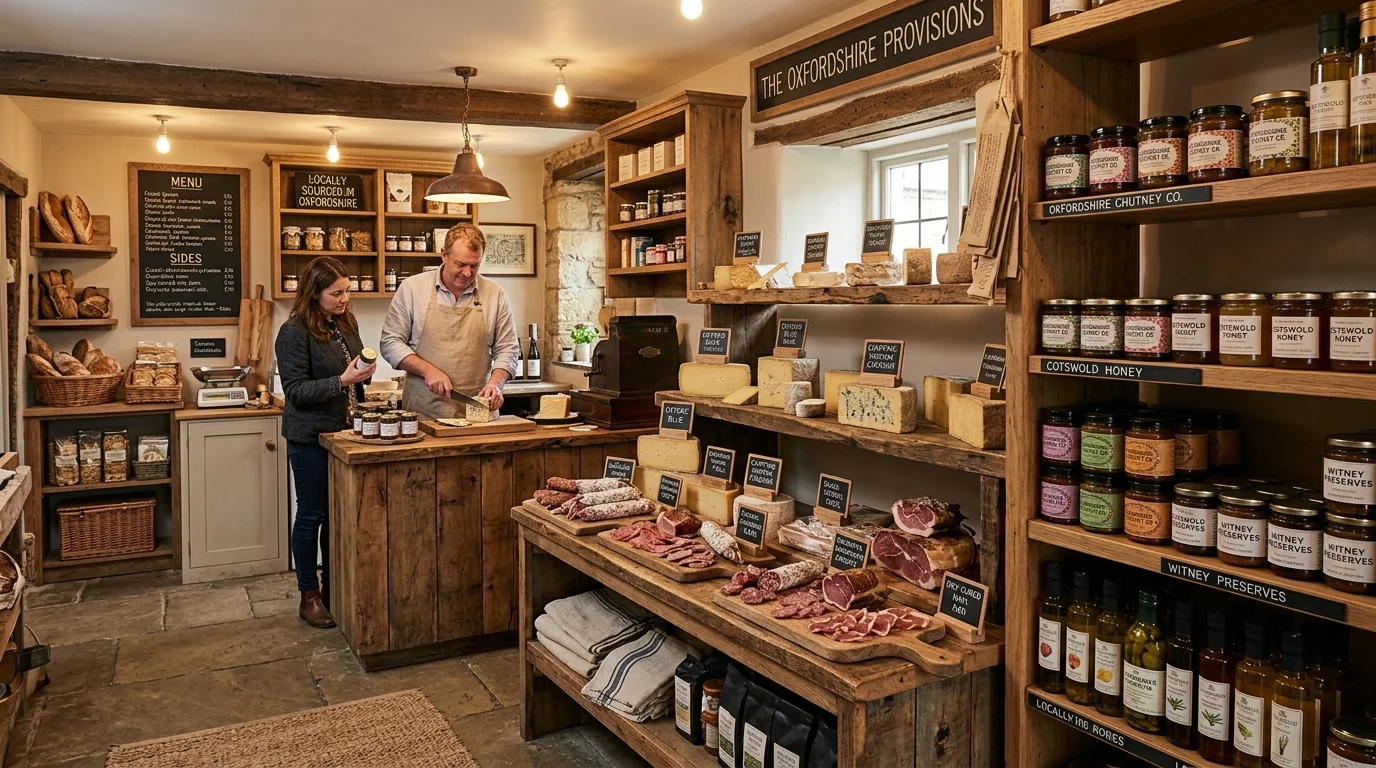 Interior of an independent deli in Bicester showing wooden shelves filled with local Oxfordshire cheeses and chutneys