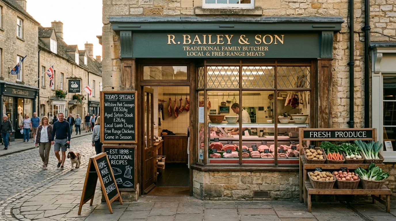 Traditional independent food shop front with chalkboard signs on a high street in Bicester