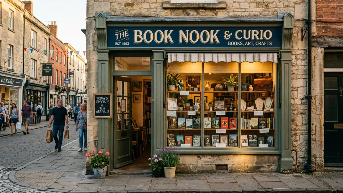 Independent shop with hand-painted sign and curated window display on Sheep Street, Bicester