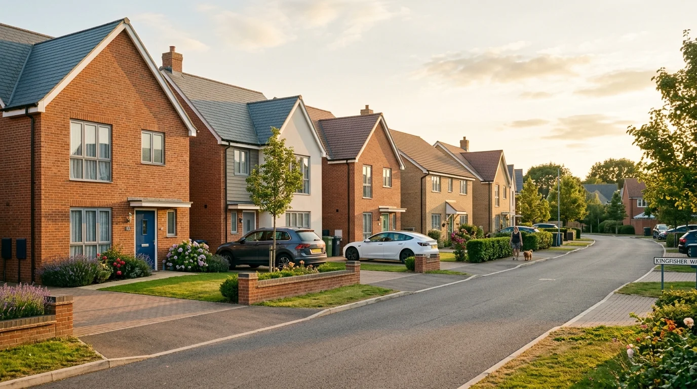 Modern family homes with front gardens on a residential street in Kingsmere, Bicester