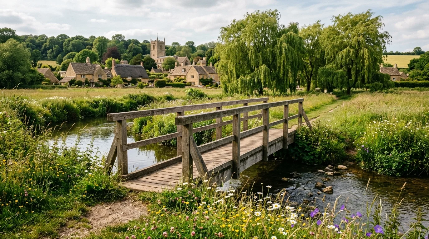 Timber footbridge crossing a gentle brook in a green meadow with native wildflowers near Langford Meadows in Bicester