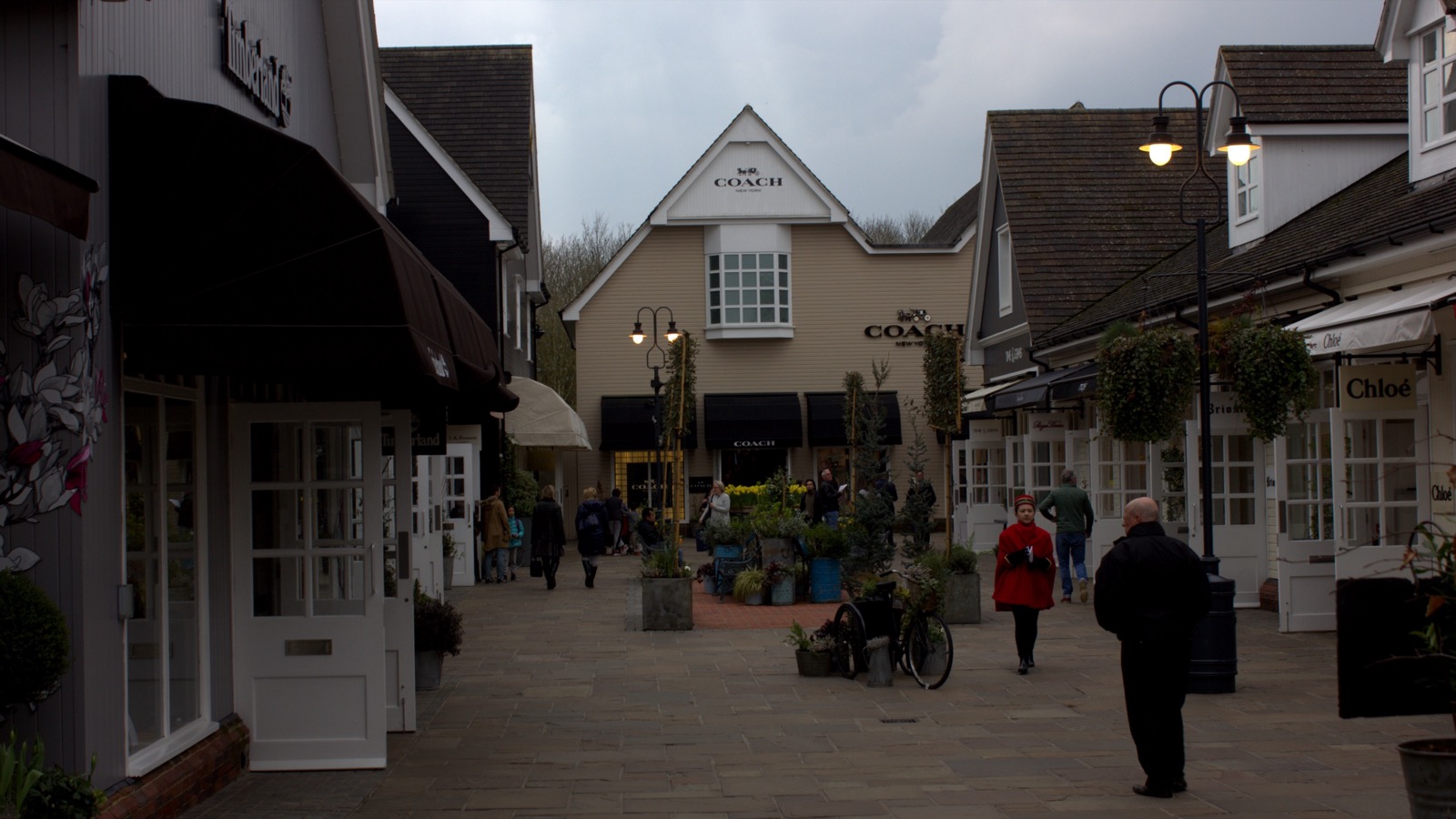 The entrance archway and pedestrian walkway to Bicester Village designer shopping outlet, photographed in March 2017.