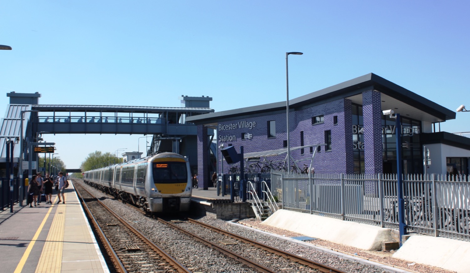 Chiltern Railways train calling at Bicester Village railway station, photographed in May 2018.