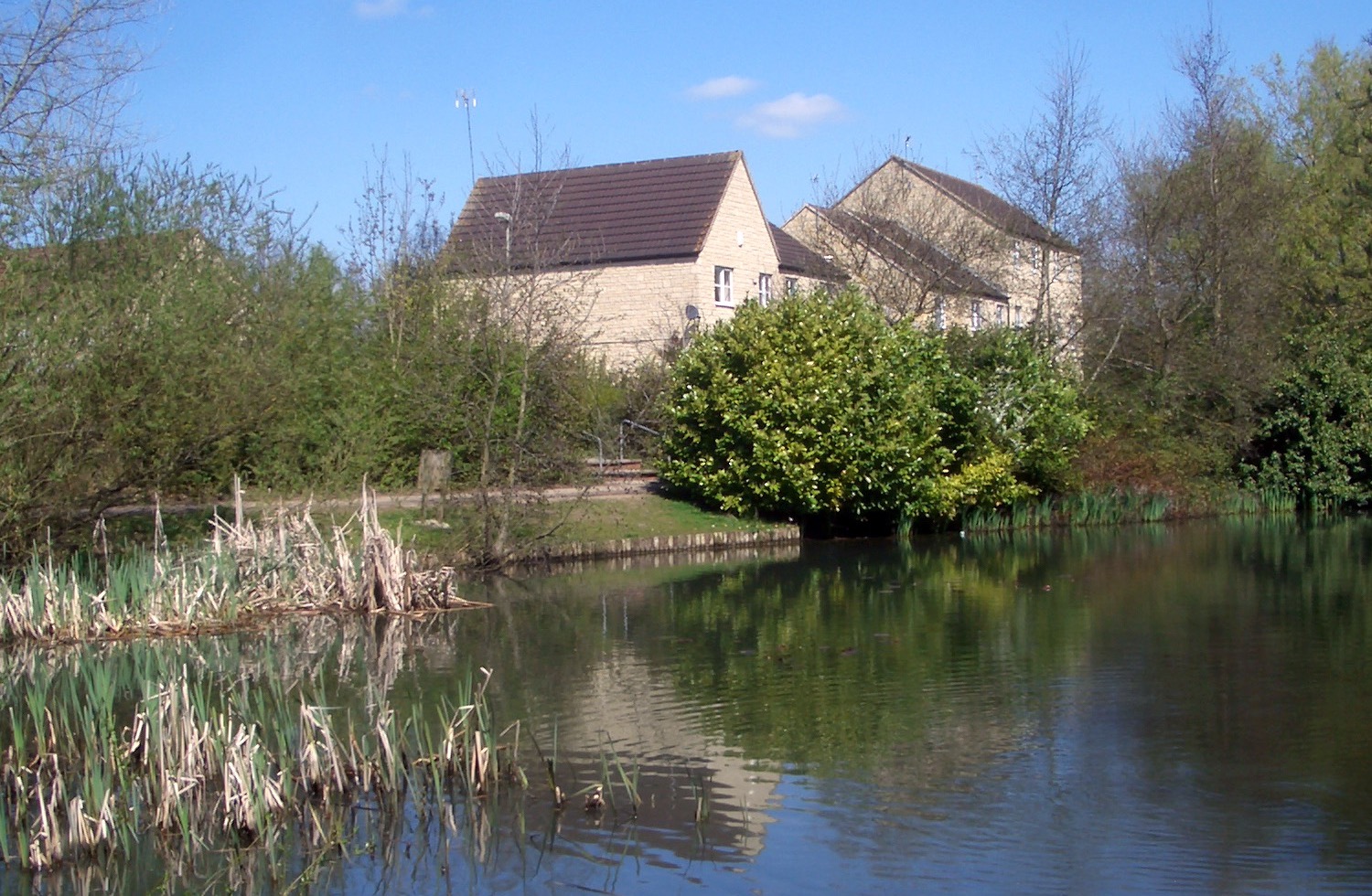 Pond and residential houses in Langford Village, Bicester, photographed in April 2010.
