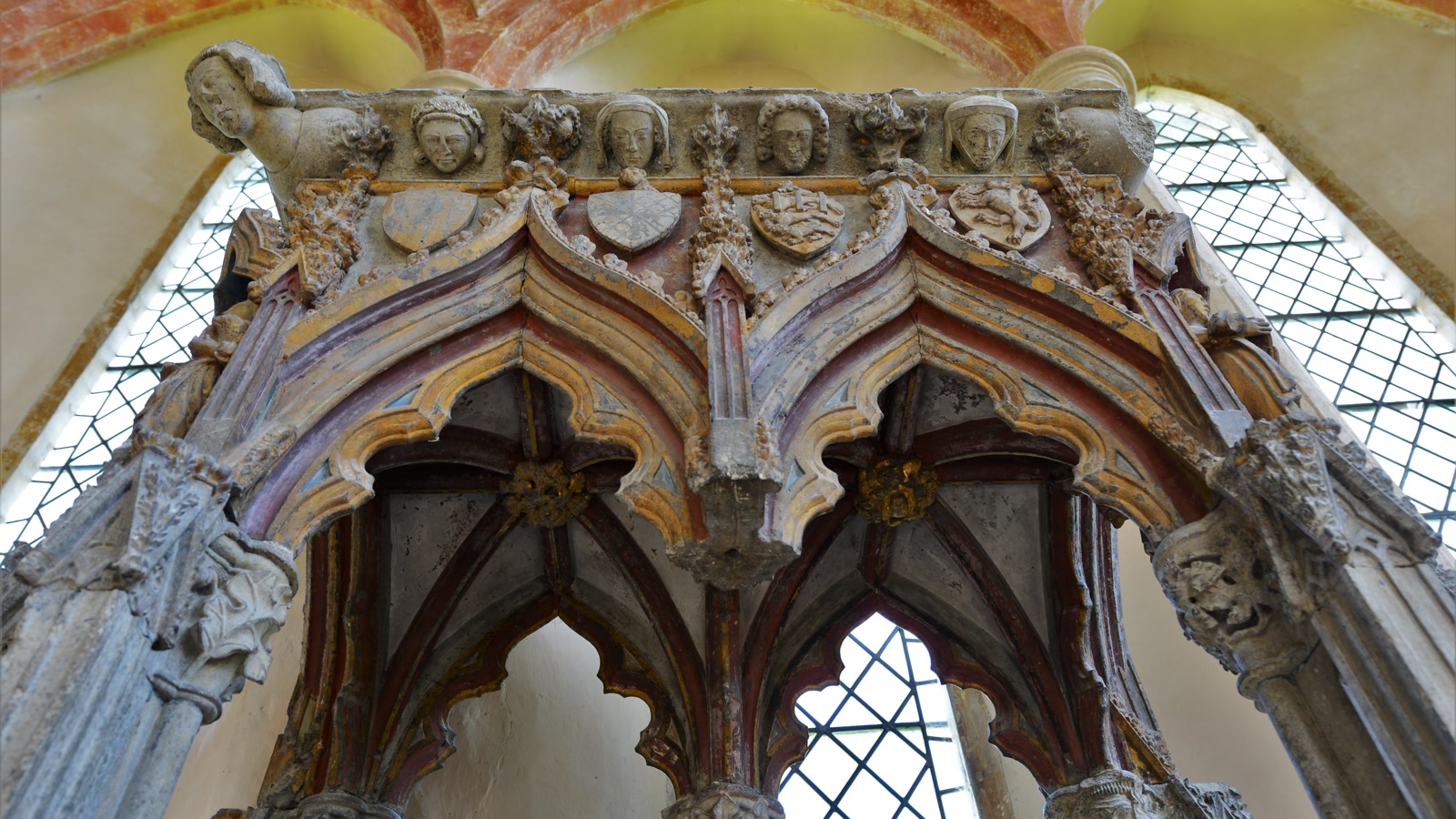 The carved stone shrine of St Edburg, preserved at Stanton Harcourt Church following the dissolution of Bicester Priory.