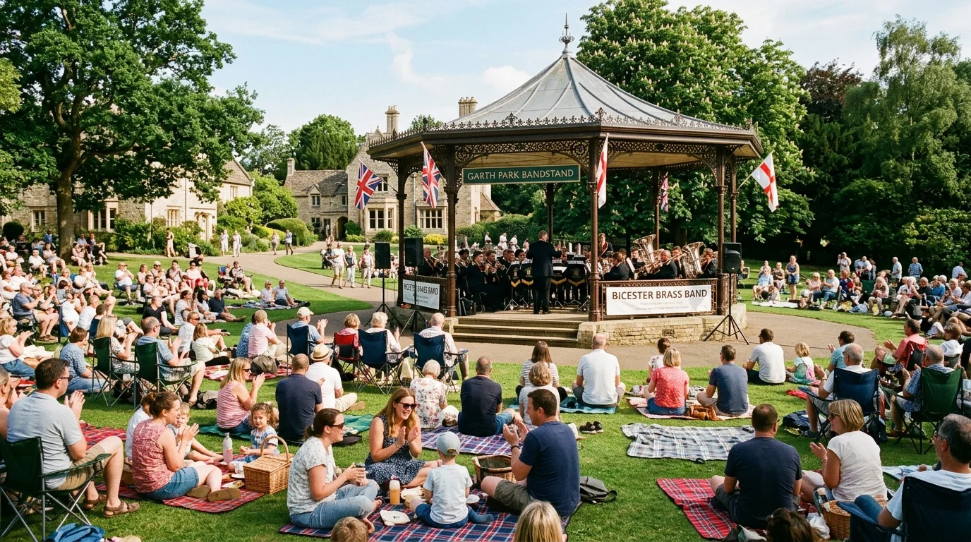 Brass band performing at the Garth Park bandstand in Bicester