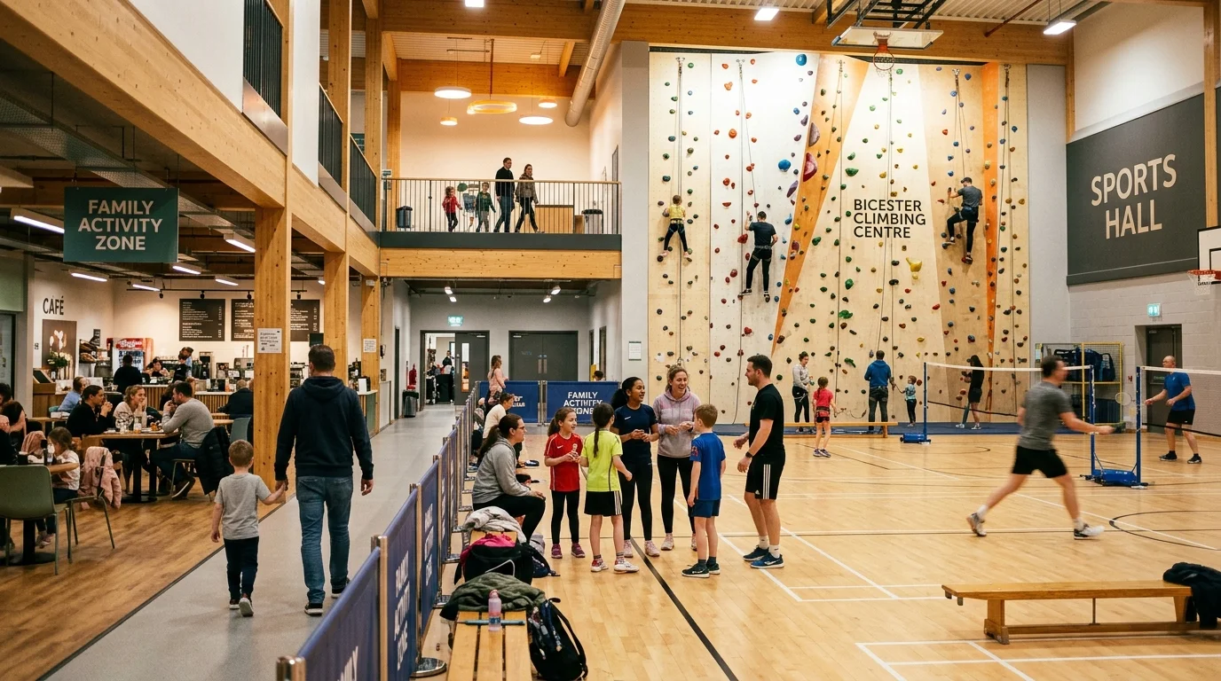Modern indoor sports hall and climbing wall at Bicester Leisure Centre
