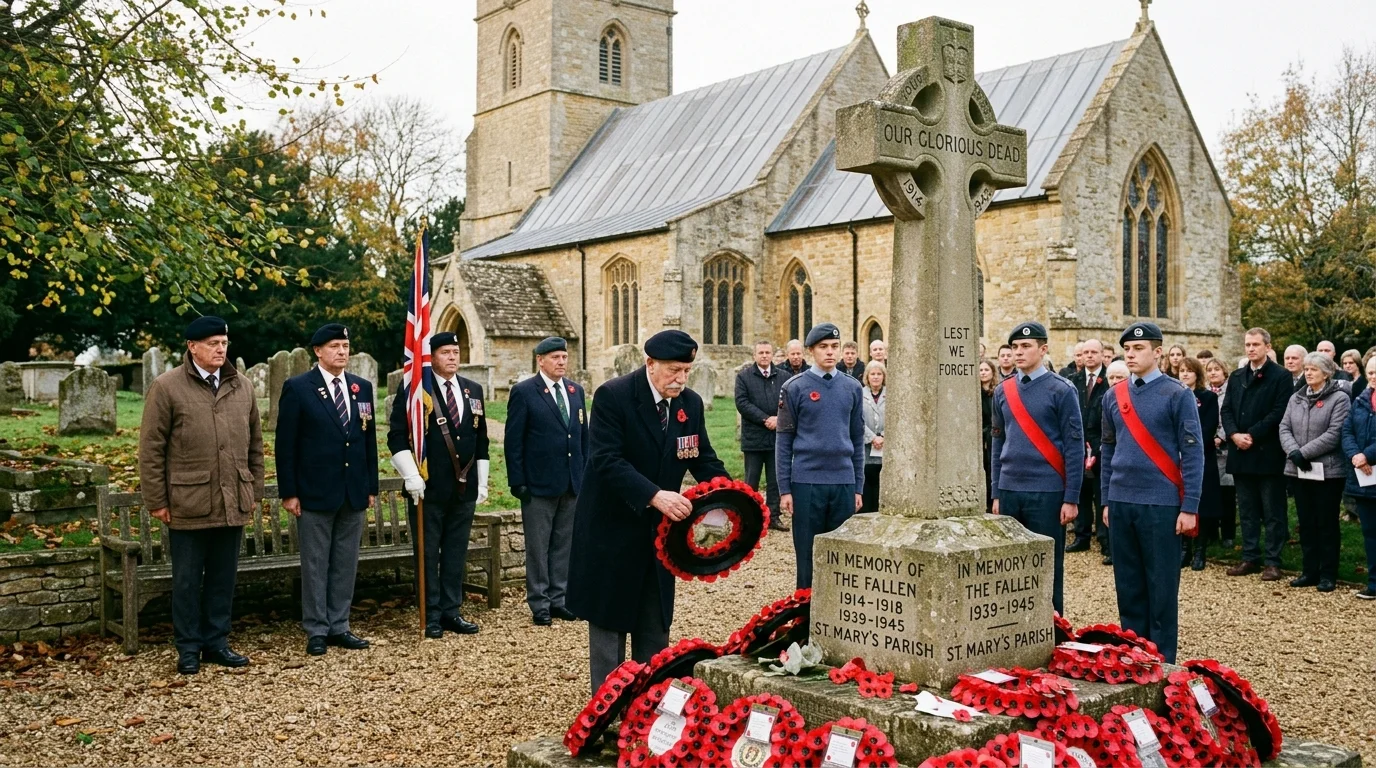 Remembrance Sunday wreath-laying ceremony at a historic English parish church war memorial cross with poppies, red wreaths, British military veterans and cadets