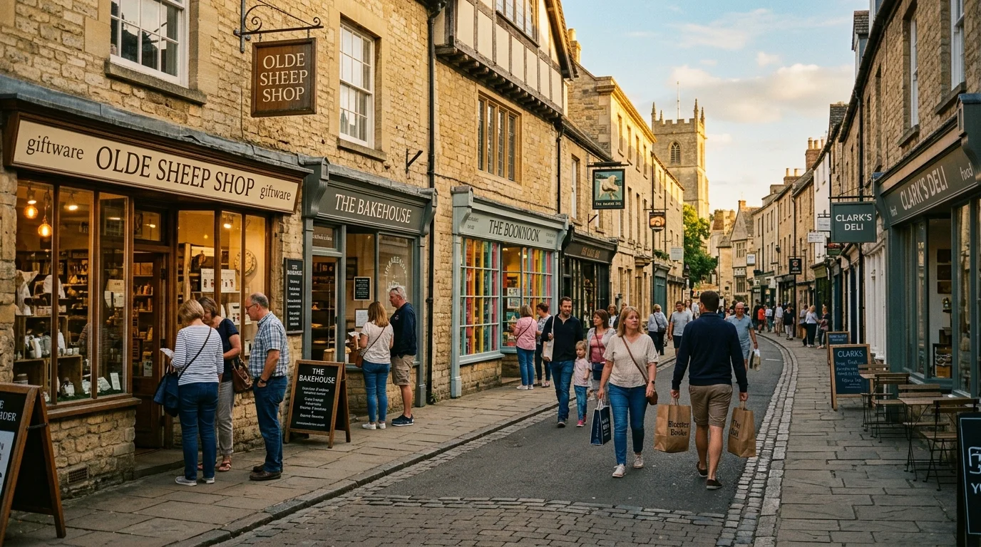 Shoppers browsing independent shops on pedestrianised Sheep Street in Bicester