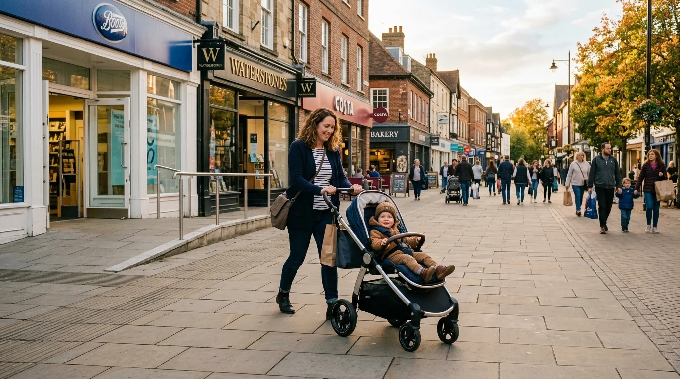 Parent with pushchair on the pedestrianised Sheep Street shopping area in Bicester