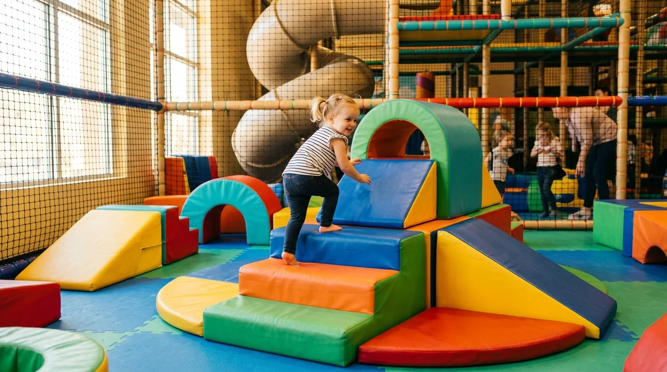 Colourful soft play climbing frame and padded obstacles at a toddler play centre near Bicester