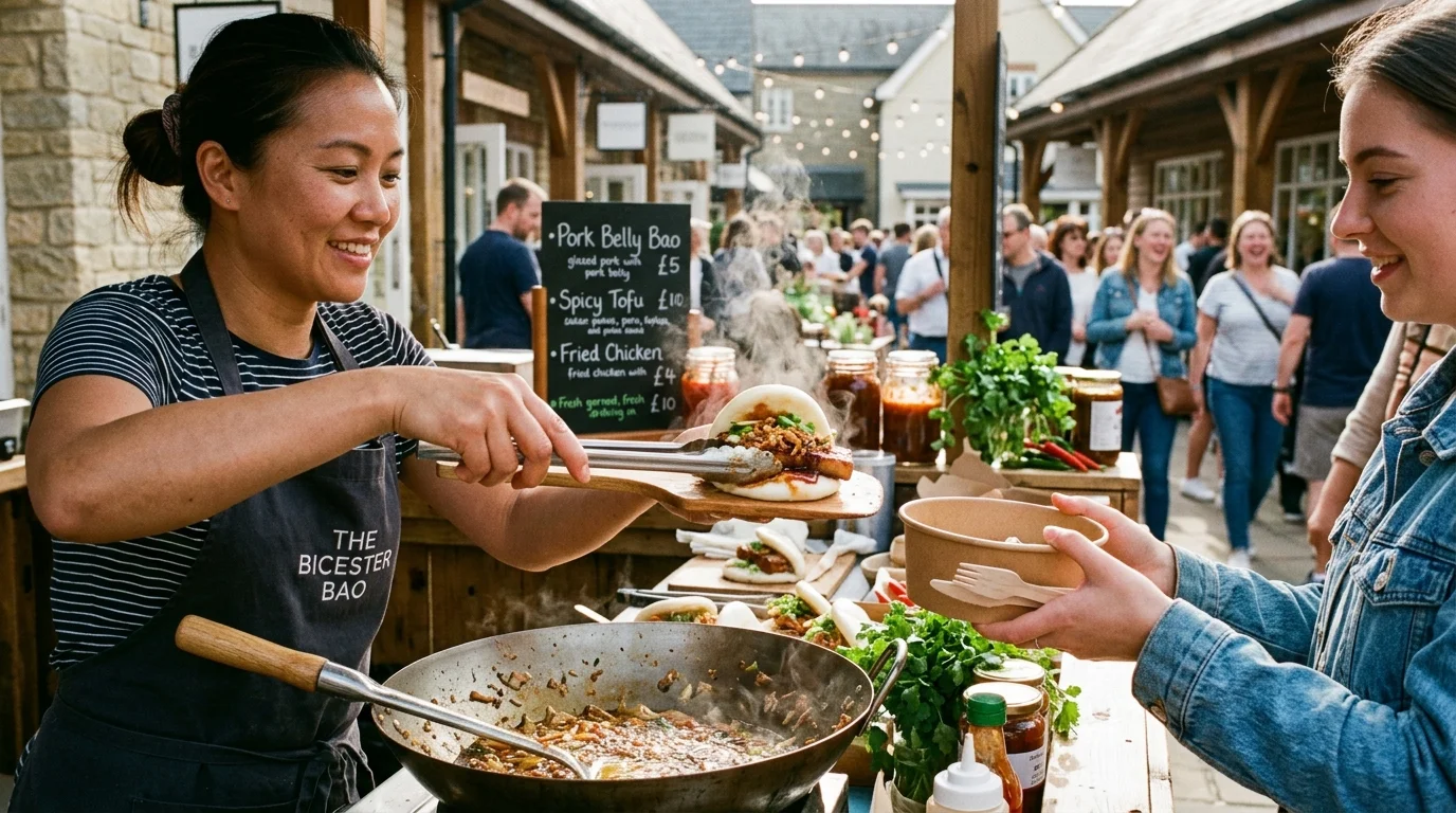 Steaming food dishes served at a street food market stall in Bicester