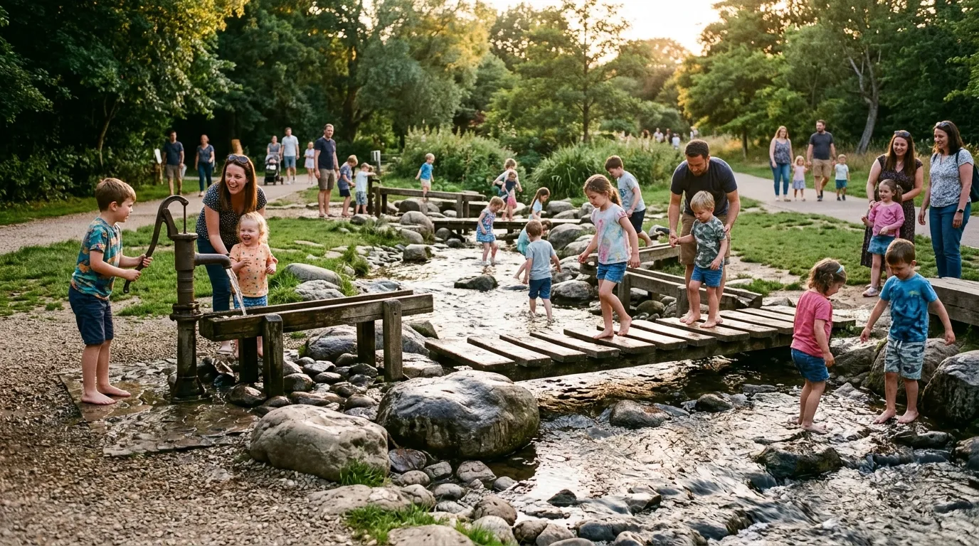 Children enjoying the water play stream and climbing structures at Garth Park in Bicester