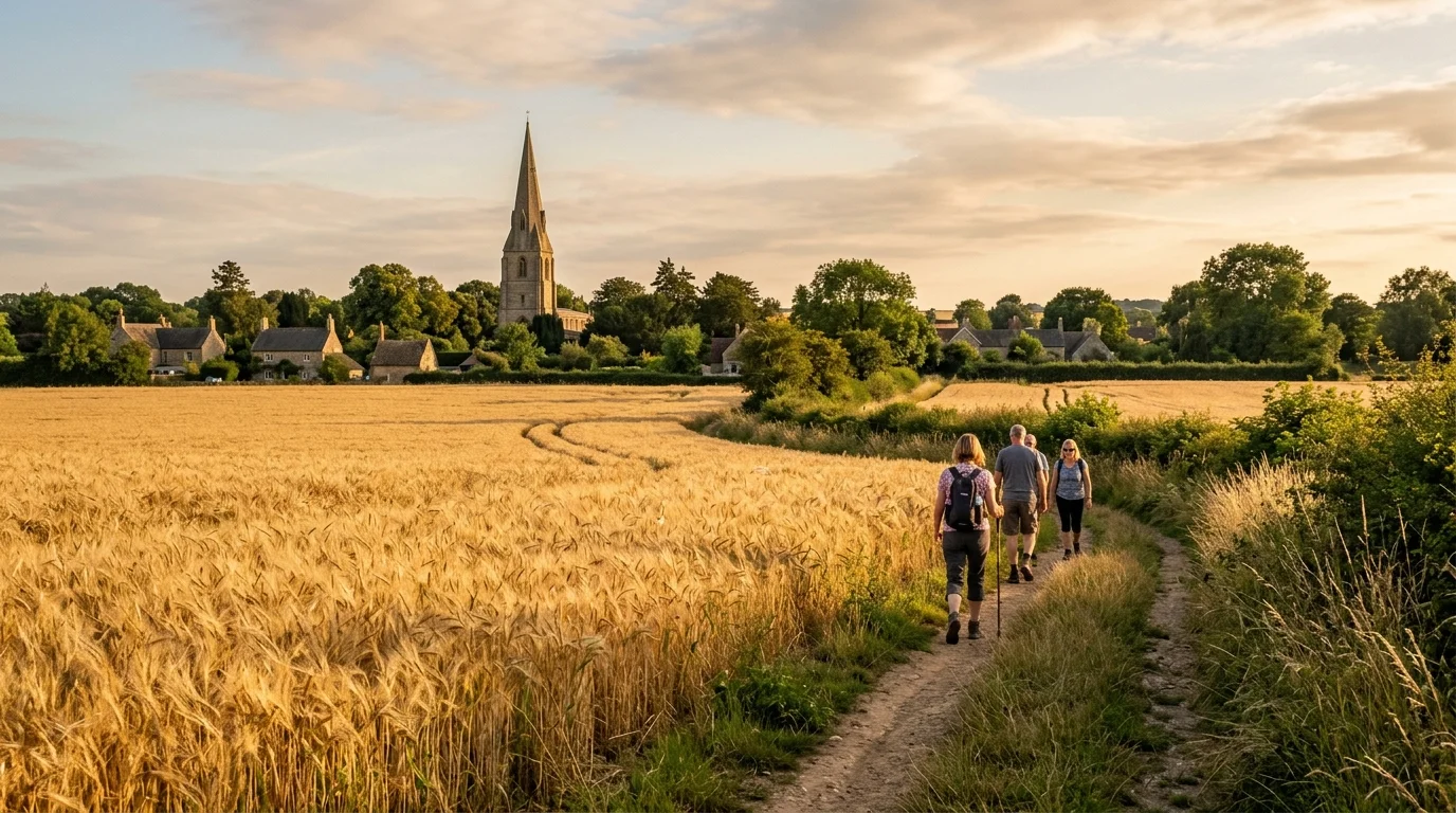 Walkers on a countryside footpath near Bicester with a church spire on the horizon
