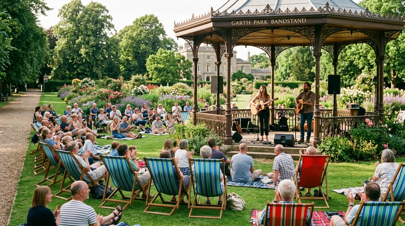 Community event at Garth Park bandstand in Bicester with acoustic musicians and audience on deckchairs